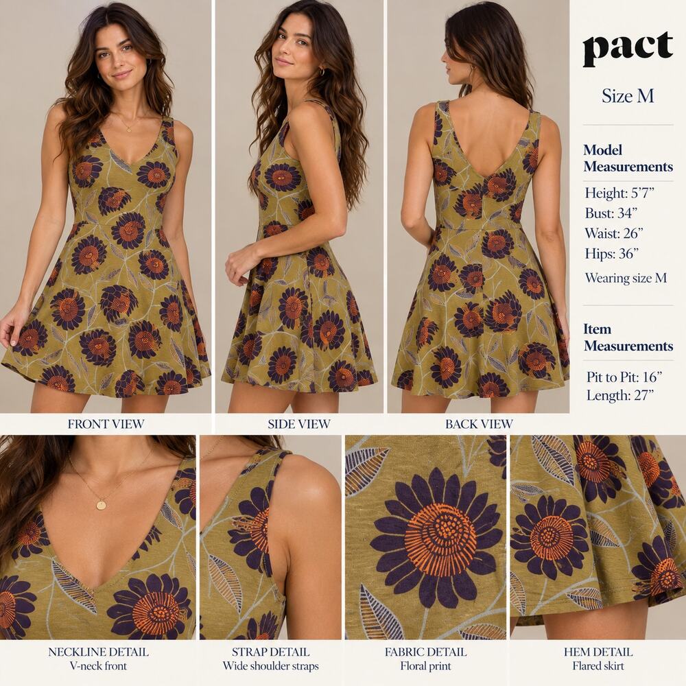 Pact Organic Cotton Floral Dress M Mustard Purple Boho Retro Fit Flare Mini